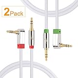 Super HD 3.5mm Aux Stereo Audio Cable Tangle-Free Slim Cable Angled Male Type Compatible for Car,Stereo Audio Devices,PC,Tablets,Smartphones and MP3 players -24K Gold Plated Step Down Design Metal Connectors with High Purity Oxygen Free Copper Conductor -1.5Feet-2Pack