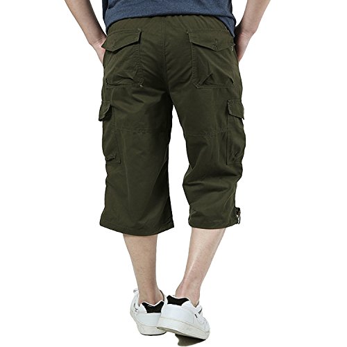 EKLENTSON Men's 3/4 Pants Capri Pants for Men Relaxed Fit Military Shorts Olive Green - Thumbnail 2