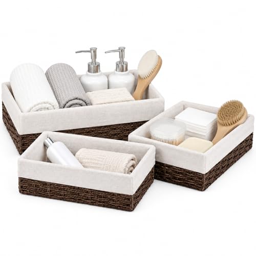 Cestas de Mimbre, Juego de 3 Cestas de Baño, Cestas de Mimbre Tejidas a Mano con Forro Extraíble, Cesta de Almacenamiento para el Hogar Apilable para Dormitorios, Cocina, Baños, Estantería y Organizar