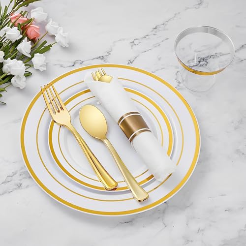 Beauenty 175 Piece Gold Plastic Dinnerware Set for 25 Guests,Elegant Disposable Dinnerware Set for Parties,Include:25 Dinner Plates,25 Dessert Plates,25 Pre Rolled Napkins with Cutlery Set,25 Cups