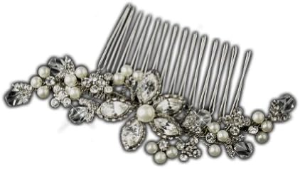 Antique Ivory Pearl, Swarovski Crystal &amp; Rhinestone Wedding Bridal Side Hair Comb - Silver