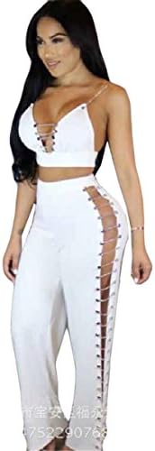 Qicool Womens Sexy 2 PCS Metal Chain Tank Tops Bodycon Wide Leg Pants Party Clubwear Set