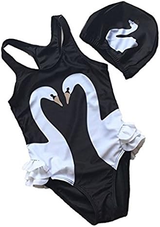 pursueFree Baby Girl Kids 2017 Swimwear Swan Flamingos Printed Kids Swimsuits One Piece children Summer Swimming Sunsuits With Hat (XXL, Black)