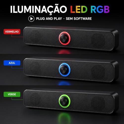 Caixa de Som Soundbar para Computador Notebook e TV com LED RGB, Conexão USB e P2 3,5mm, Bluetooth, Estéreo 6W, Drivers de Alumínio, Plug and Play