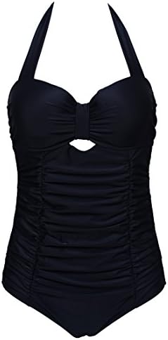 SAILING Halterneck Monokini Swimwear Bandeau Push-up Padded Bra Ruching Pin Up Girl Vintage Bathing Suit Black Plus Size XL