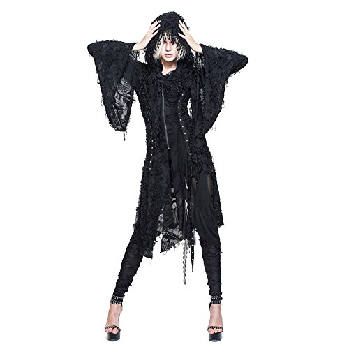 Devil Fashion Gothic Womens Jackets Outwear Tops Black Steampunk Hooded Lace Thin Coat Halloween Costume (S, Black)