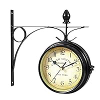 YYfamily Retro Double Sided Wall Mount Station Round Clock Dual Face Vintage Antique Home Garden Décor with Iron Bracket