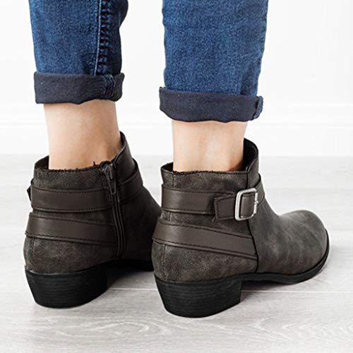 TnaIolral Women Ankle Boots Round Toe Low-Heele Zipper Buckle Strap Roman Shoes (US:8, Gray)