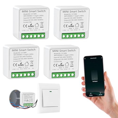 4 Pack Mini Smart Relay Switch Module Compatible With Tuya App, Alexa and Google Home - DIY WLAN Smart Life Switch, Neutral Conductor Required
