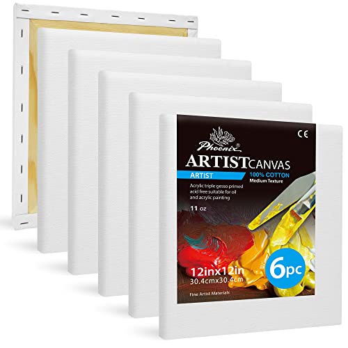PHOENIX Professional Stretched Canvas for Painting - 12x12 Inch/6 Pack ...