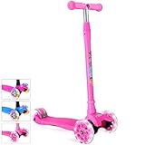 BELEEV Kick Scooter for Kids 3 Wheel Scooter for Toddlers Girls & Boys, 4 Adjustable Height, Lean to Steer with PU LED Light Up Wheels for Children from 3 to 14 Years Old (Pink-White Light)