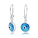 Spiritual Protection Round Blue Nazar Evil Eye Lever back Drop Earrings For Women Teen Murano Glass .925 Sterling Silver Made In Turkey