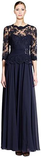 Teri Jon Embellished Beaded Lace Chiffon Evening Gown Dress Navy