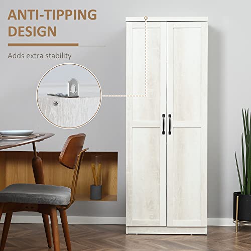 HOMCOM 63" Kitchen Pantry Cabinet with Shaker Doors, Modern Freestanding Tall Buffet Storage Cabinet with Adjustable Shelves, Distressed White