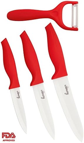 Wamery RedCeramicRep RED Ceramic Set Professional knifes and peeler kitchen, 4 pieces set, Ultra light, Ultra sharp blades and Long Resistance, Red