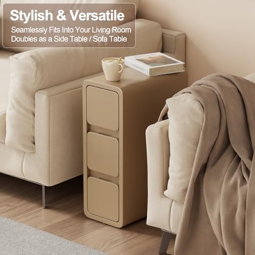 AQIMUELE Slim Bedside Table with 3 Drawers No Installation Leather Surface for Bedroom Living Room Width 20cm (Khaki)