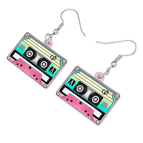 DOWAY Cute Retro Acrylic Dangle Cassette Ribbon Earrings with Mixtape Tape for Cover Funny 70s 80s Gifts Party Accessories for Women