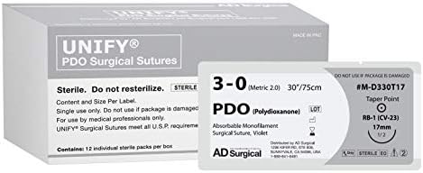 Unify Surgical PDO Sutures. #M-D330T17 Absorbable. Mono Violet. Size 3/0. 30" Thread with Needle 17mm 1/2 TP. Box of 12.