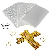 Clear Treat Bags 200 PCS (4" by 6") Cellophane Bag Party Favor Bags with 200PCS Twist Ties for Wedding Gift Cookie Candy