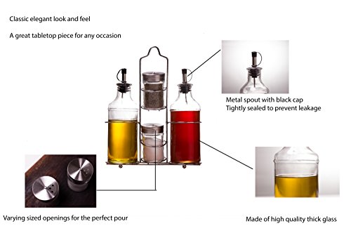 Palais Glassware 5 Piece Oil, Vinegar,Salt and Pepper Cruet Set with a Caddy - 14 Oz. Bottles - 3 Oz. Shakers