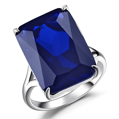 Caperci Sterling Silver Emerald Cut Created Blue Sapphire Cubic Zirconia Solitaire Ring