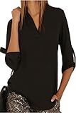 Dokotoo Womens Casual Chiffon Ladies V-Neck Cuffed Sleeve Blouse Tops Medium Black,Black,(US8-10)M