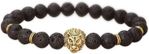 Fashion Men'S Black Lava Stone Gold&Silver Lion Beaded Charm Bangle Bracelet