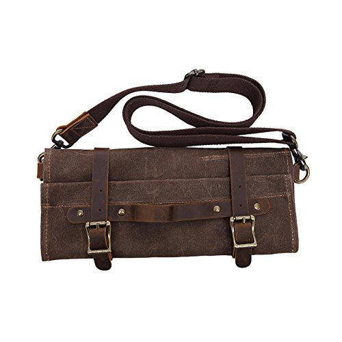 Multifunctional Tool Roll 7 Pockets Wrench Roll Up Pouch Waxed Canvas+Crazy Horse Leather Portable Big Tote Shoulder Bag Father's Gift for Handymen Plumber Craftsmen Repairmen GJB60 (coffee)