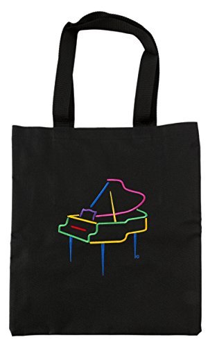 Black tote bag featuring embroidered grand piano