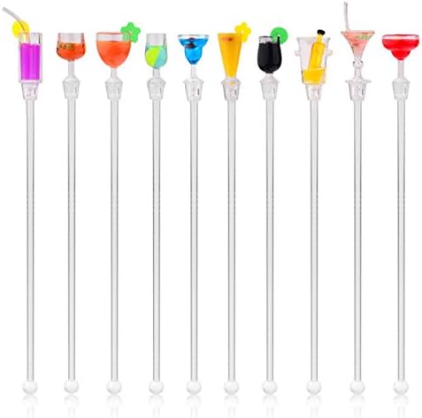 Tiki Time Swizzle Sticks (10) - 9" Cocktail Party Markers - Fun Frozen Drink Stirrers - Happy Hour Glass Marker - Hukilau Parties - Acrylic - Assorted Colors - Ten Pack (ball-end)