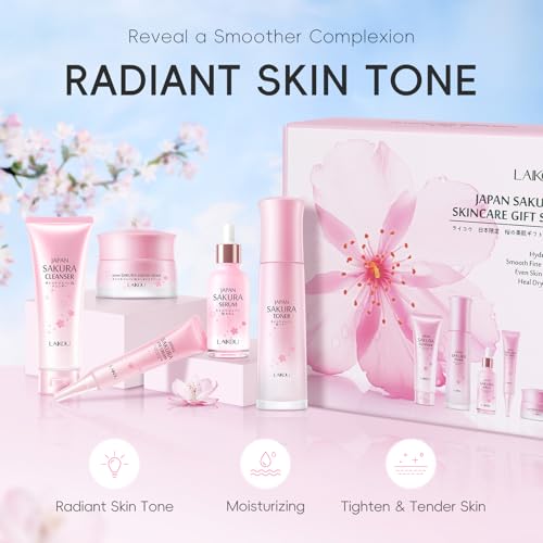 LAIKOU Sakura Skincare Set - 5-Piece Set with Cleanser, Toner, Serum, Eye Cream, and Essence Cream for Hydrating, Smoothing & Even Skin Tone for All Skin Types
