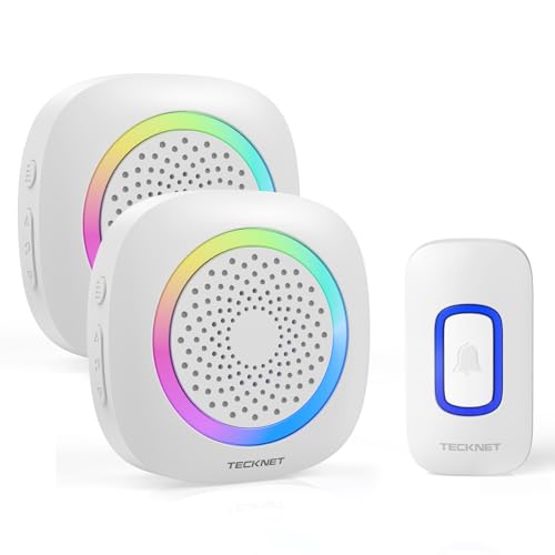 TECKNET Wireless Doorbell with Batteries, RGB Wireless Doorbell Outdoor Waterproof IP66 with 2 Receivers, 400 M Range, 5 Volume Levels and 60 Melodies for Home, Hotel, Office, Emergency etc
