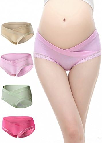 Uniwit 4 Pack Cotton Soft Maternity Pregnant Mother Panties Lingerie Briefs Low-Waist Underwear Underpants, (green/Beige/Red/Rose Red),Label L / US S