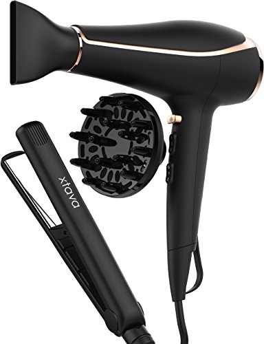 xtava Double Shine Hair Dryer with Flat Iron - Professional Ceramic Blow Dryer with Diffuser Best for Curly Hair and Nozzle Attachments Great for Travel Blow Dryer and Flat Iron 1 Inch Titanium Plates