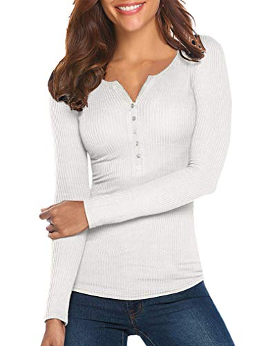 Knit Tops Women for Office,V-Neck Buttons Fitted Long Sleeve Sexy Blouse Shirt White, L