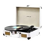 Vinyl Record Player, JORLAI 3-Speed Turntable Record Players Suitcase with Stereo Speaker/ Rechargable Battery/ Vinyl-to-MP3 Recording/ Headphone Jack/ Aux Input/ RCA Line Out - White