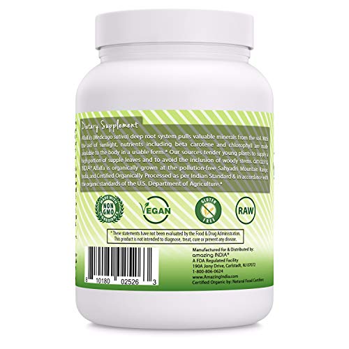Amazing India Organic Alfalfa Powder (Non-GMO)- 16 Oz (481.94 Gm) - USDA Certified ORGANIC- Raw, Vegan- Gluten-Free, Plant-Based Nutrition- Supports Digestive Health, Detoxification and Immune Health*