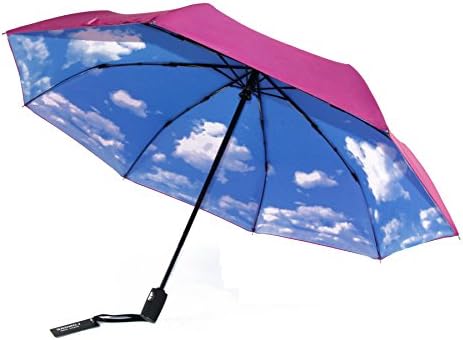 Fully Automatic Umbrella 3 Fold Auto Open / Close Travel Umbrella Windproof Rainproof For Women/Men Using (B-ROSE RED+SKY)