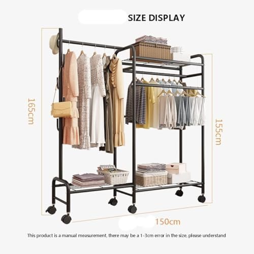 Clothes Hanger Stand with Shelves, Garment Rack, Free Standing Metal Clothing Hanging Rack, Single Rail, Wardrobe Top&Bottom Storage Shelf, Shoes Handbags Baskets, Bedroom Garment Organizer (A-Black)