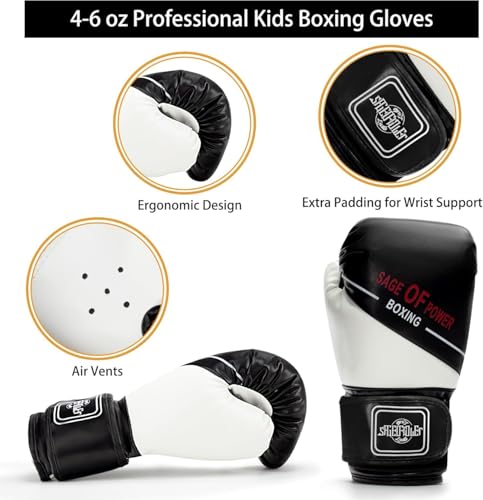 Ssumght 4-in-1 Kids Boxing Gloves and Punching Mitts Set, Boxing Pads with Boxing Reflex Ball, Kid Boxing Equipment Set with Hand Wrap for MMA Training, Muay Thai, Karate,6oz