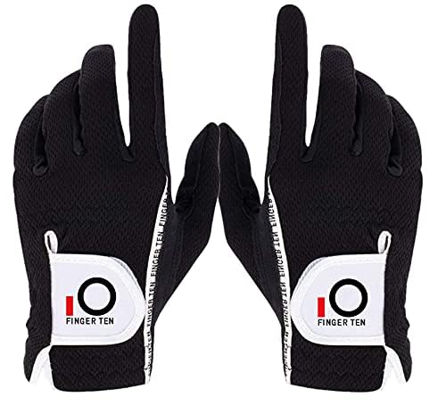 FINGER TEN Golf Gloves Men Left Hand Right Rain Grip Weathersof Value Pair, Mens Golf Glove Wear Resistant Non Slip Color Black Grey Green Flexible Durable Size S M ML L XL (Black, XXXL)