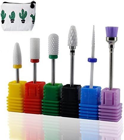 MeQool 3/32 Ceramic Nail Drill Bits Set Pro Manicure Drill Bits with Brush Bit Electric Nail File Ceramic Needle Top Coarse Medium Fine Grit (6 pcs)