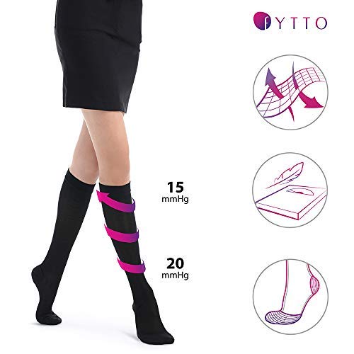 Fytto 1007 Women's Compression Socks - Stylish, Lightweight & Breathable 15-20mmHg Flight Stockings - Professional Support for Business & Travel, Classic, Black, Large - Thumbnail 2