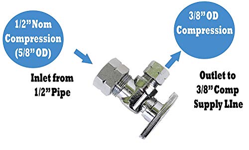 Angle Stop Shut Off Valve- 1/2" NOM. Compression (5/8" OD) x 3/8 in. - 1/4 Turn Valve- Chrome Plated Lead Free- 10 Pack