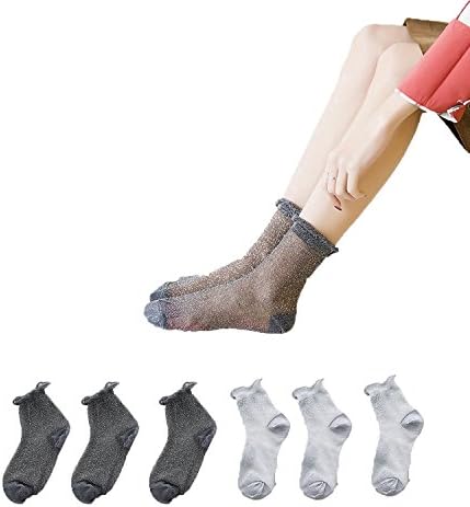 Lady Socks,Womens Pack-6 Spring Summer Scallion Series Lace Stockings Transparent Silver Glitter Thin Pile of Socks