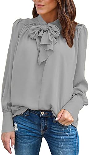 Cyerlia Cuffed Long Sleeve Business Blouses For Women Work Fall Cute Chiffon Shirts Tops For Juniors Grey Large