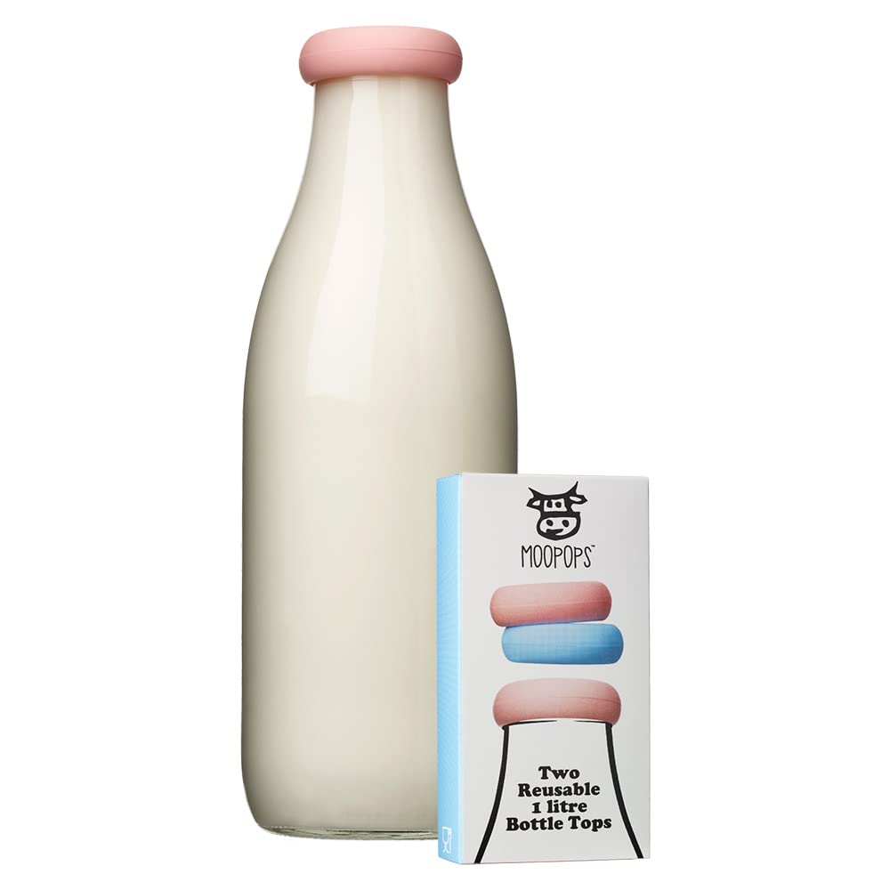 MOOPOPS - 1 litre Bottle tops (NOT 1 PINT). 2 reusable silicone tops designed to fit standard (43mm) 1l and 500ml bottles (Blue and Pink)
