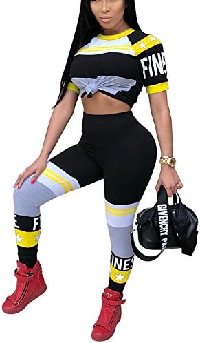 Aleng Women's Summer 2 Pieces Outfits Bodycon Short Sleeve Crop Top and Long Skinny Pants Tracksuit Set