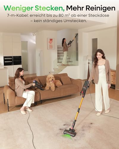 FAMIVAC FV2 Staubsauger mit Kabel, 65Kpa/600W Staubsauger Beutellos mit Matratzenbürste, 1,3KG Leichtgewicht, 7M Kabel, 60dB Leise, 1,5L, Selbststehend, Anti-Tangle-Bürste für Teppich/Boden/Tierhaare