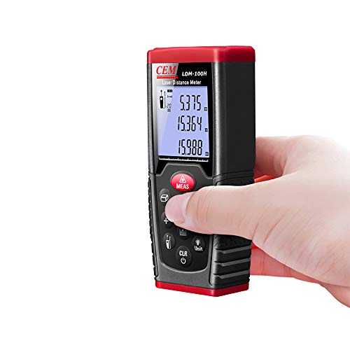 CEM LDM-100H 330ft 100m Outdoor Laser Distance Meter Laser Tape Measure with LCD Backlight,Pythagorean Mode, Measure Distance, Area and Volume,Battery Included (330ft/100m)